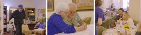 LEFT: Residents enjoy friendly competition during a fun game of beanbag baseball. MIDDLE: A resident plays a word game during a family visit. RIGHT: Glendale Adventist Elementary students bring the residents handmade Mother’s Day gifts and perform special songs.