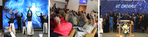 LEFT: VC Children’s Praise Dancers perform to “This Is a War Cry” during the Sabbath afternoon concert. MIDDLE: Valley Crossroads congregation. RIGHT: VC Chorale sings an a cappella arrangement of “I’ll Stand.”