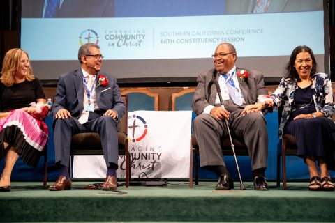 Velino A. Salazar (second from left) and Lee (second from right) are honored as retirees at the SCC 66th Constituency Session.