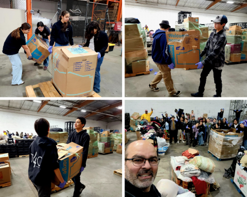 Teens4Christ helps organize remaining clothes and items after the distribution at Southern California Conference headquarters for those affected by the fires in January.