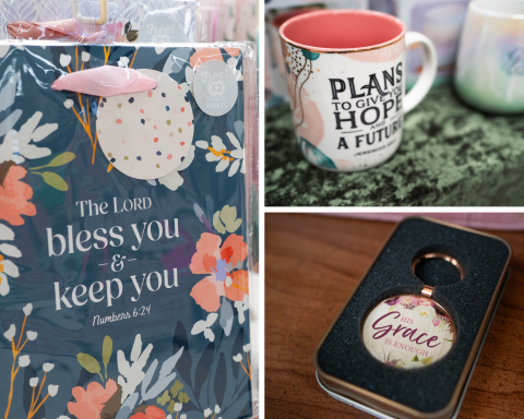 Uplifting Christian gifts—like mugs, water bottles, bookmarks, keychains, home décor, and more—are a popular find.