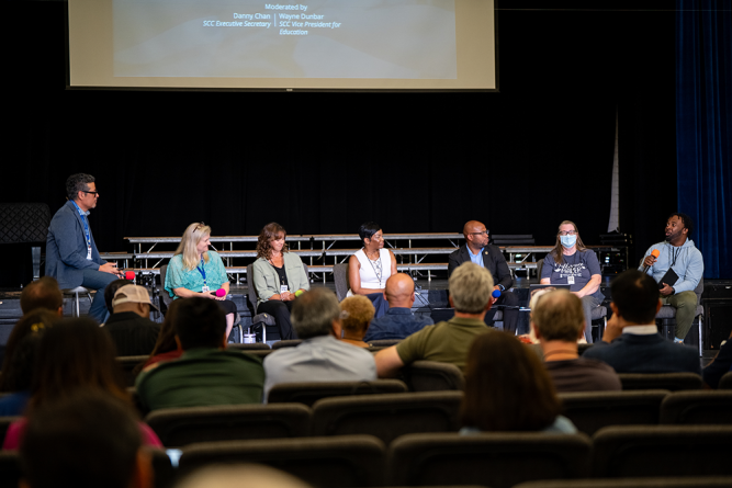 Danny Chan leads educators and pastors in a panel discussion. From left to right: Chan; Angel Nair, SCC associate superintendent; Celeste Harrison, Alhambra church pastor; Carol Todd, Los Angeles Adventist Academy principal; Robert Cabrera, Lancaster Spanish church pastor; Michele Cortner, Antelope Valley Adventist School principal and 5th- through 8th-grade teacher; and Ron Sydney, The Place Adventist Fellowship church pastor.
