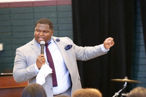 Pastor Kyle Crawford connected with the youth through his message Sabbath morning about how God has worked throughout his life. Photo by Donald McPhaull