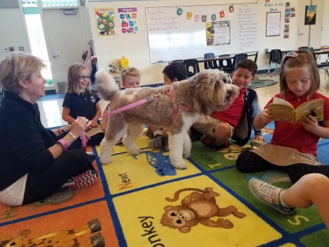 Volunteer Cathie Cook brought Baillie, a therapy dog, to visit the school during the read-a-thon. (l. to r.) Readers included Lauren Schmucker, Isaac Meager, Benji Ramos, Zahir Gomez, and Ivy Keenan (reading). Photo by Joan Hsu