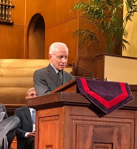 Following numerous tributes from church and conference leaders, Dr. Hovik Sarrafian speaks to the congregation of his zeal for the Armenian work and his gratitude to God, his church and the conference for their support. Photo by Betty Cooney