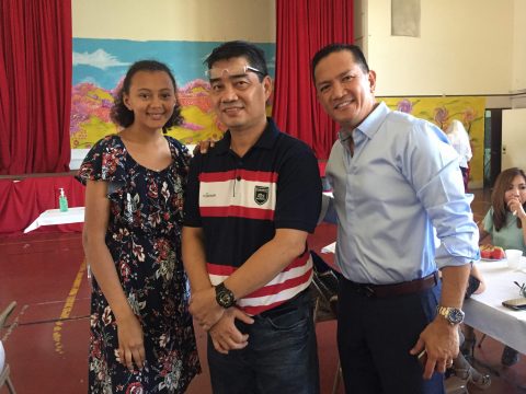 Megan Walker, Elmer, and Roy Garcia meet at Canoga Park Community church fellowship hall. Photo by Ellie Hua