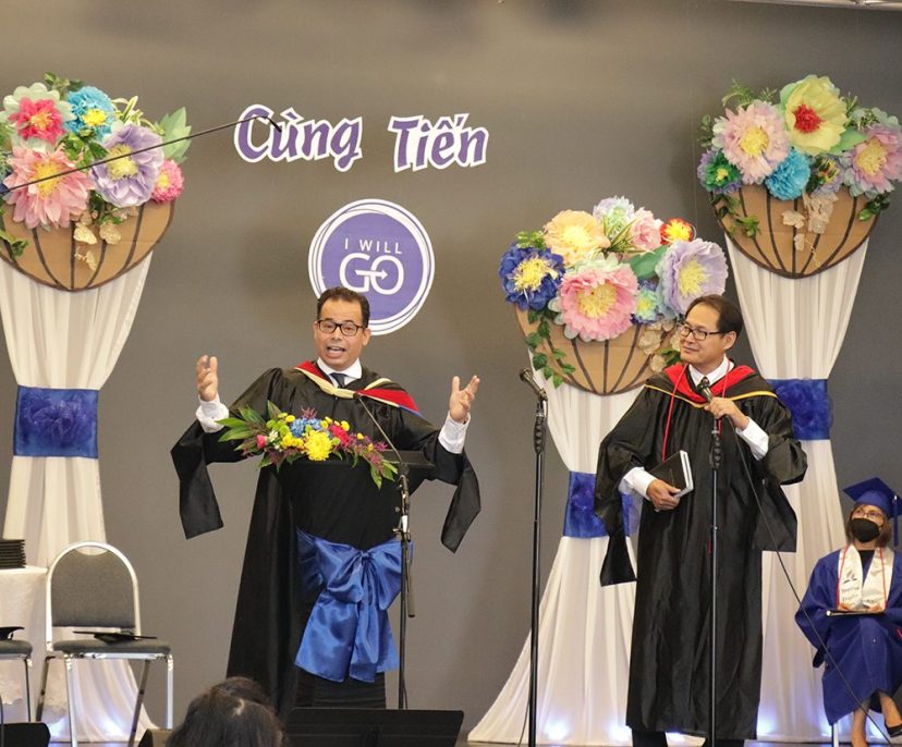 Cortes (left) shares the morning’s message while Nguyen (right) translates.