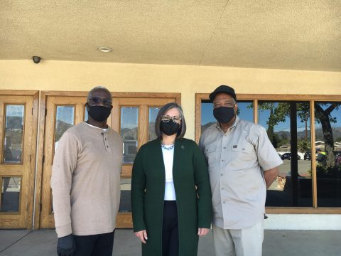 (L to R) Elder Reggie Bolden, liaison of church and local government for Valley Crossroads church, Councilwoman Monica Rodriguez of Los Angeles’ 7th council district, and Pastor John Trusty of Valley Crossroads church.