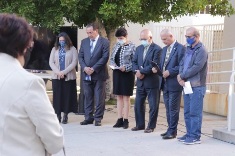 James G. Lee, SCC executive vice president (not pictured), offers prayer over the church officers (left to right): Rita Dekrmenjian, head deaconess; Alexan Dekrmenjian, head deacon; Agapi Zakaryan, clerk/ secretary; Hovik Hacopian, head elder; Vigen Khachatryan, pastor; and Aramis Vartanians, treasurer.