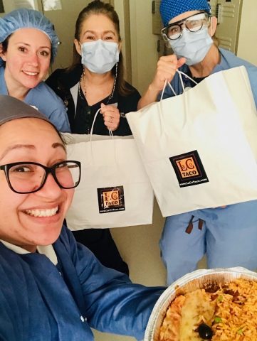 Local nurses from the Henry Mayo Newhall Hospital share their appreciation for the donated meals Santa Clarita church provided from the local LaCo Taco restaurant.