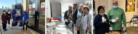 LEFT: Volunteers deliver blankets as gifts to Ascencia’s homeless clients in the new year. MIDDLE: Before COVID, volunteers cooked in Ascencia’s kitchen and served clients directly. A family from CFC is pictured serving in ministry together. RIGHT: Carissa and Constantino Totalca help prepare sandwiches at CFC for the weekly sandwich feeding ministry.