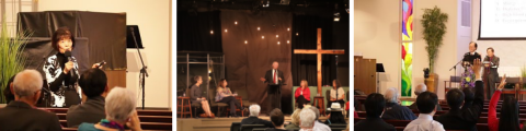 LEFT: Esther Lau shares about the importance of phytochemicals in fruits such as tomatoes, pineapples, apples, and carrots, which can prevent carcinogens from forming. MIDDLE: The spiritual support series panel included (left to right) Little; Jones; moderator Deane L. Wolcott, Community Board, HADV, and Board of Directors, CSC VVSB; Susan Murata, Executive Director, Hospice of the Conejo; and Kathryn M. Stiles, Director of Community Integration AHSV. RIGHT: Benjamin Lau (right) begins his presentation by asking the audience trivia questions about different killer diseases in the U.S. as CVCC pastor Paul Cho (left) translates.