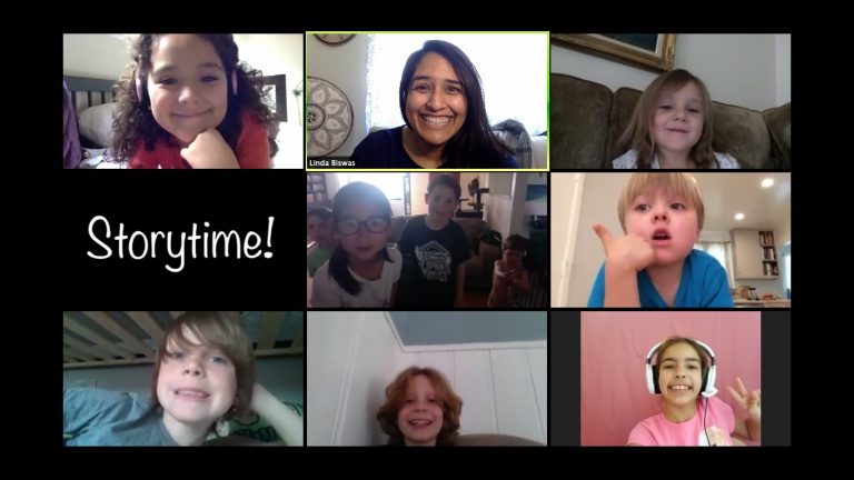 Kids gather on Facebook Live for a 30-minute reading during a story time hosted by Biswas.