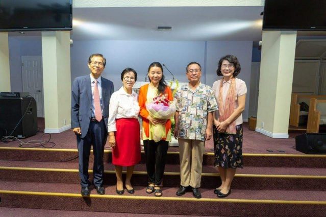 Church leaders celebrate the baptism of Suzie Hwang and the profession of faith by Sung Soo Kim on July 28 (from left to right): Senior Pastor Soon Tae Kim; Deacon Hwa Young Lee, assistant director of personal ministries; Suzie Hwang; Sung Soo Kim; and Elder Hye Won Moon, director of personal ministries. Photos provided by Hye Won Moon.