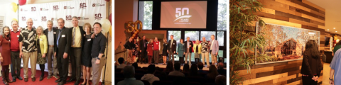 LEFT/MIDDLE: Six of the pastors who had led the congregation during the 50 years were present at the celebration. RIGHT: An attendee examines a photo mosaic prepared especially for the event.