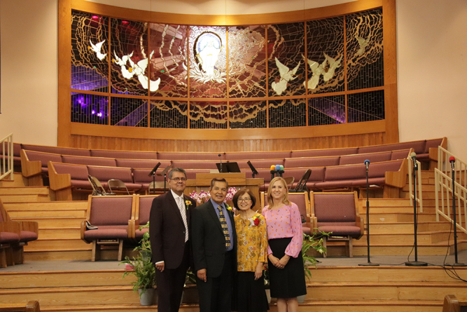 From left to right: Salazar, Rosete, Ellen Rosete, and Esther Salazar pose for a picture after the service to congratulate Rosete in retirement.