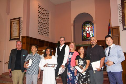 (Left to right) Southern California Conference West Region
Director Greg Hoenes, Yohan, Hasitha, Michael, Cindy,
Rachelle, Celin, and Park on the day of the baptism.