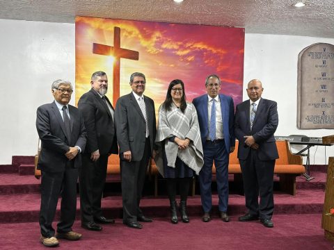 Pastors of the church through the years join Diaz for a photo: (left to right) Carlos Ramirez, Garcia, Salazar, Diaz, Sam Del Pozo, and Javier Caceres.