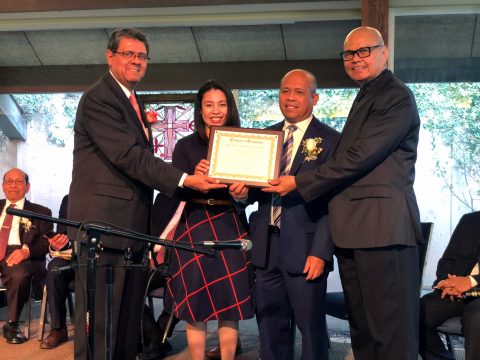 Salazar presents certificate of company status to Alabat-Evasco, Alabat, and Sisona. Photo by Connie Jeffery.