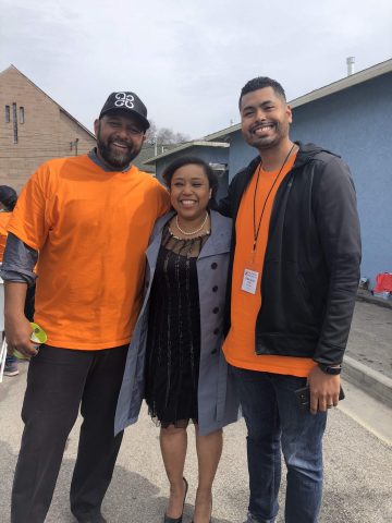 Gardena Mayor Tasha Cerda enthusiastically toured the clinic on Monday afternoon. Here, she spends a moment with the Gardena church pastoral staff, Iki Taimi, pastor, and Derrick Cruz, associate pastor. Photo provided by Iki Taimi.