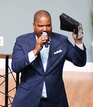Carlton Byrd shares a message during one of the 10 evenings of the revival. Photo provided by David Zaid.