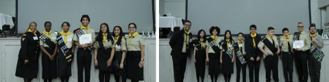 Teams from Pasadena church (top) and Tamarind
church (bottom) pose for group photos after awards are announced. Both teams advanced to the division testing level in April.