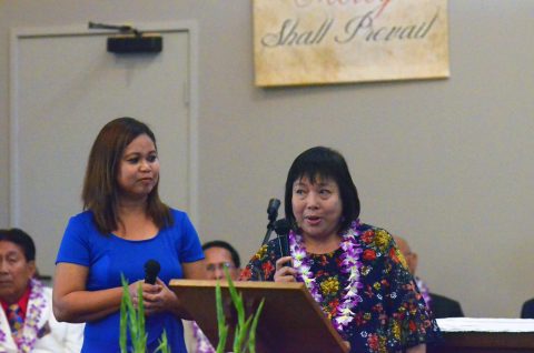 Founding members Mona Bayaca (right) and Sonnie Salarda (not pictured) share their experiences forming the congregation, as church clerk Cherlyn Fernandez (left) moderates the discussion.