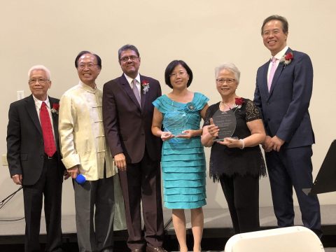 (From left to right) Pete Lou, Pastor Paul Cho, Elder Velino Salazar, Honorees Windy Hwang and Amabel Tsao, and Daniel Choo. Photo provided by Amabel Tsao.