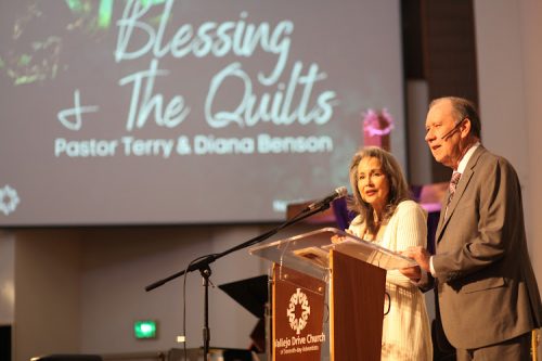 Vallejo Drive Interim Pastor Terry Benson and his wife, Diana, pictured just before the blessing of the quilts.