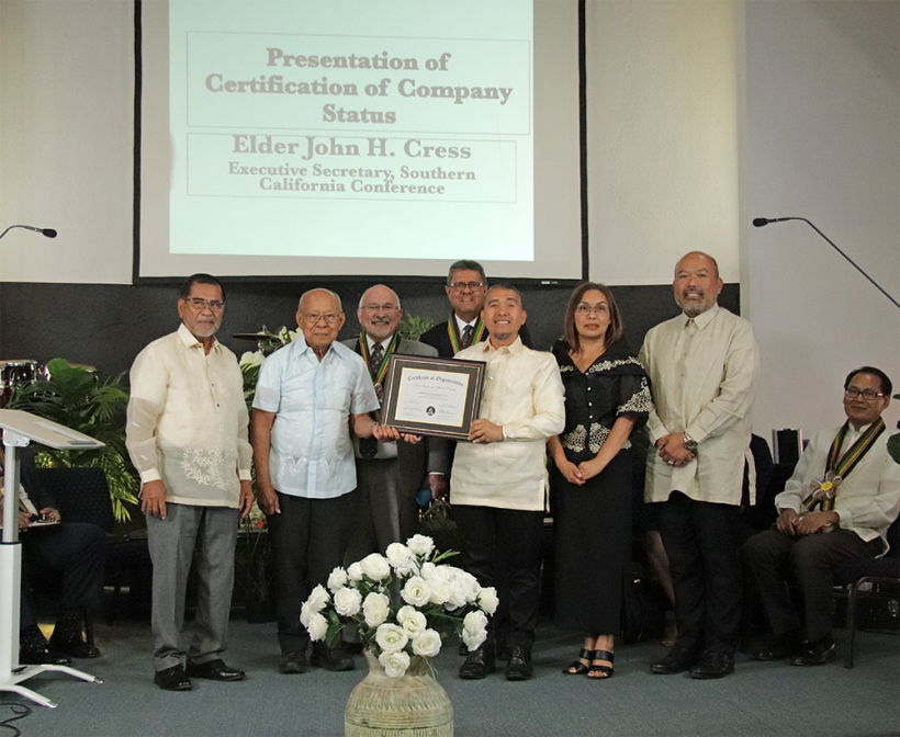 (left to right, back row) Cress, Salazar (front row) Nestor Ramos, assistant pastor; Henry Maoldora, elder; Edbert Carceler, pastor/pioneer; Roselyn Devault, elder; and Joseph Messina, elder.