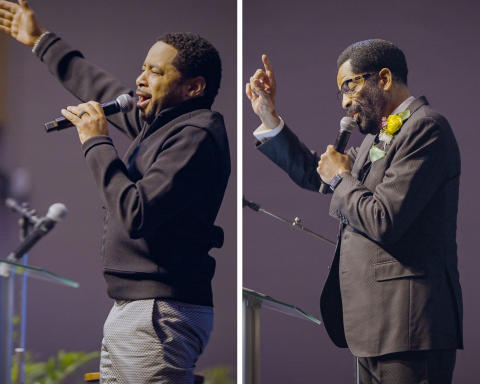 LEFT: Award-winning gospel artist Smokie Norful shares his testimony, giving all praise to God throughout his performance during the Saturday night concert. RIGHT: Ron C. Smith, Southern Union Conference president, shares a message about sacrificial faith during the divine worship.