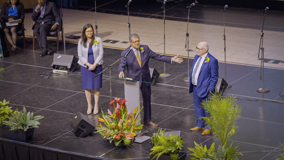 Left to right: Southern California Conference executive officers Kathleen V. Diaz, treasurer/CFO; Velino A. Salazar, president; and John H. Cress, executive secretary, shared updates on finances, evangelism, and membership from the last few years.