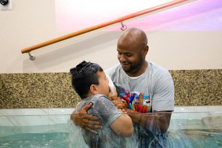 Noah is baptized at the end of Vacation Bible School.