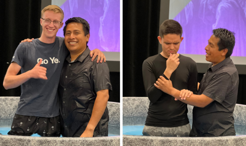 Benjamin (left) and Jonas (right) get rebaptized after the summer program at the iShare Convention.